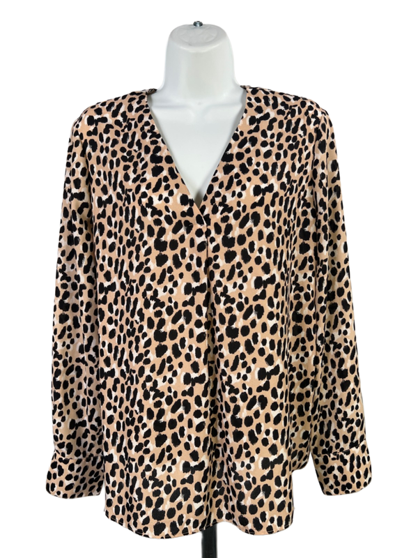Banana Republic Women's Black/Tan Cheetah Print V Neck Long Sleeve Blouse - S