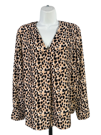 Banana Republic Women's Black/Tan Cheetah Print V Neck Long Sleeve Blouse - S