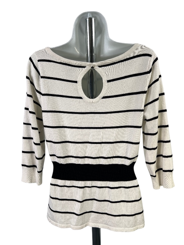 White House Black Market Women's White Striped 3/4 Sleeve Sweater - M image 2