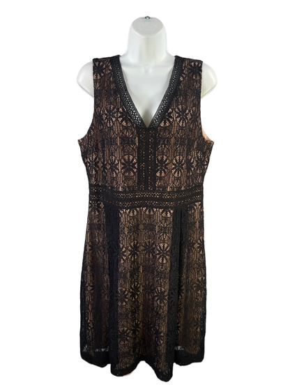 Kensie Women's Black/Tan Lace V Neck Pleated Lined Sleeveless Mini Dress - 14