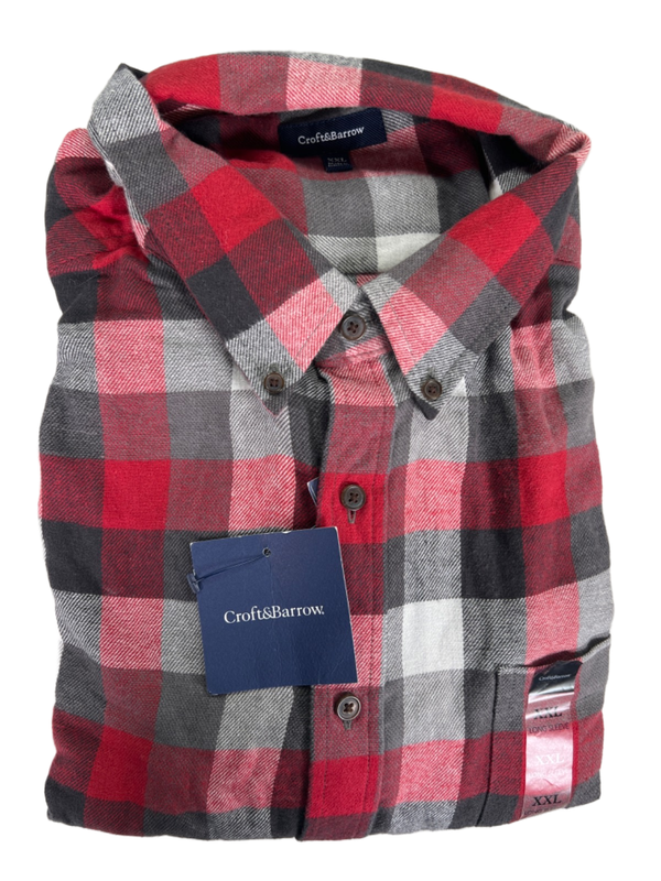 Croft & Barrow Men's Red/Gray Plaid Long Sleeve Button Up Flannel Shirt - XXL