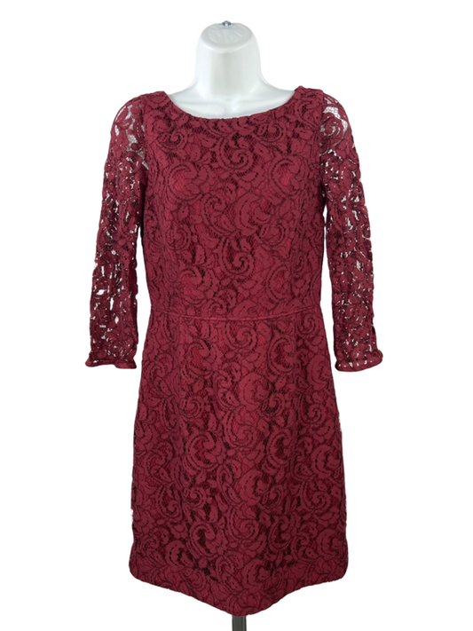 J Crew Women's Burgundy Lace Lined V Back Elbow Sleeve Midi Dress - 4