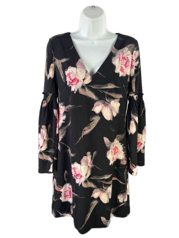 White House Black Market Women's Black/Pink Floral Bell Sleeve Midi Dress - 2