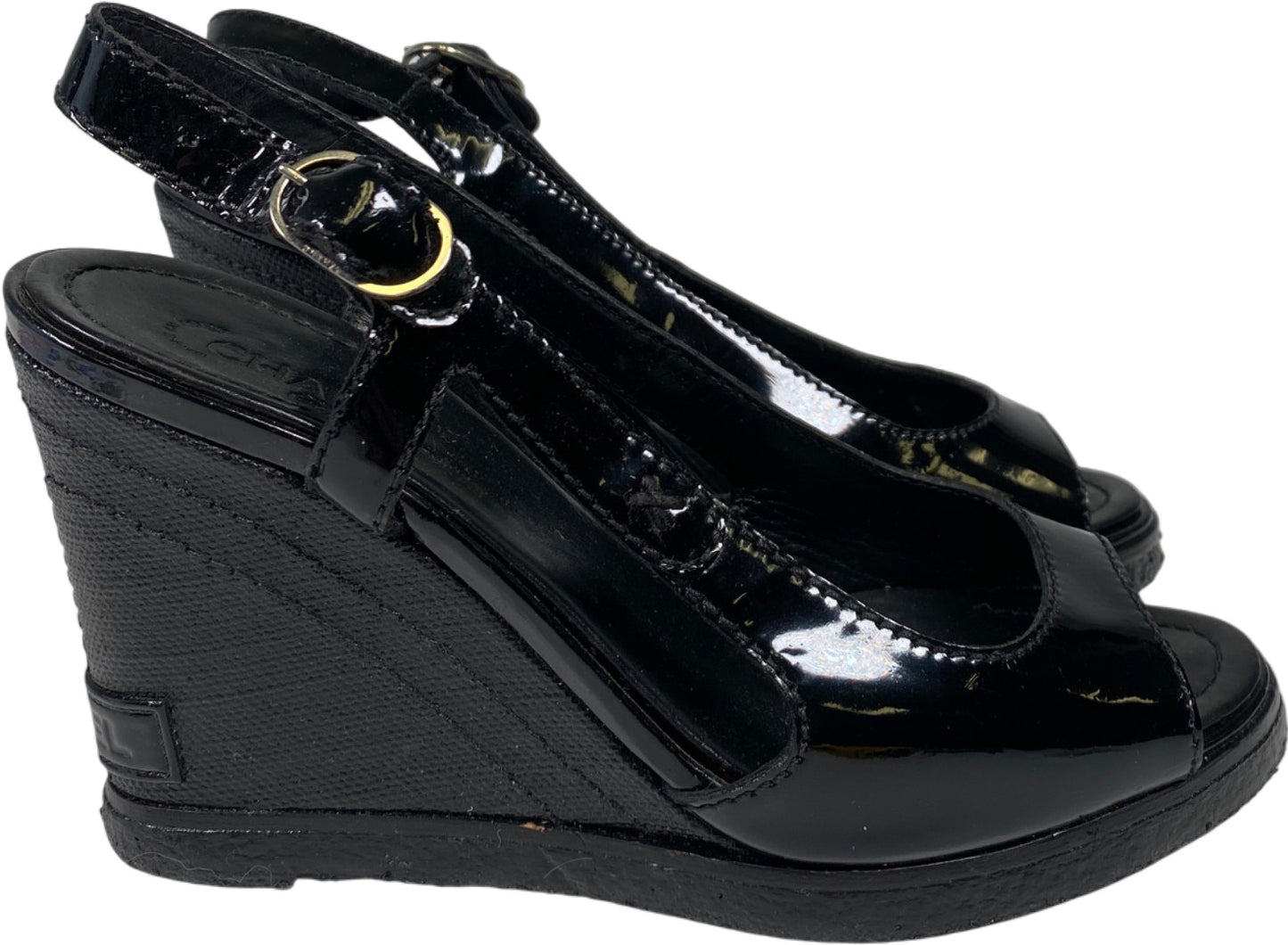 CHANEL Women’s Black Patent Leather Open Toe Wedge Sandals - 36/US 5.5