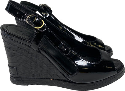 CHANEL Women’s Black Patent Leather Open Toe Wedge Sandals - 36/US 5.5
