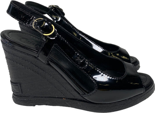 CHANEL Women’s Black Patent Leather Open Toe Wedge Sandals - 36/US 5.5