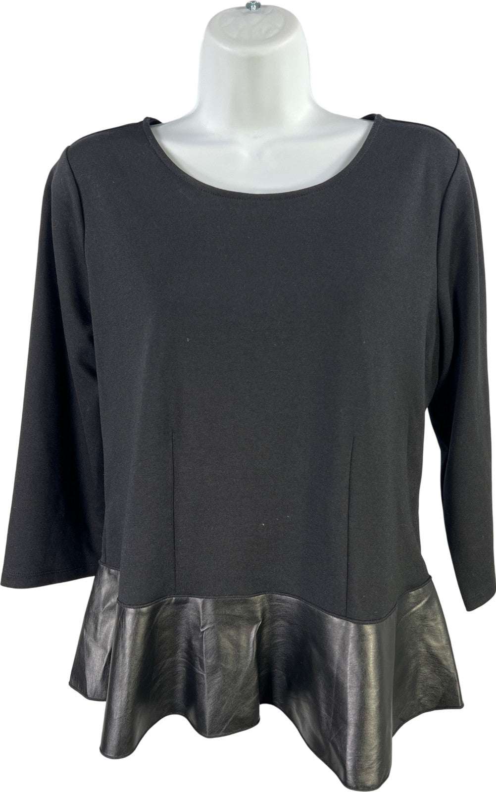 Ann Taylor Women’s Black 3/4 Sleeve Faux Leather Trim Blouse - L Petite