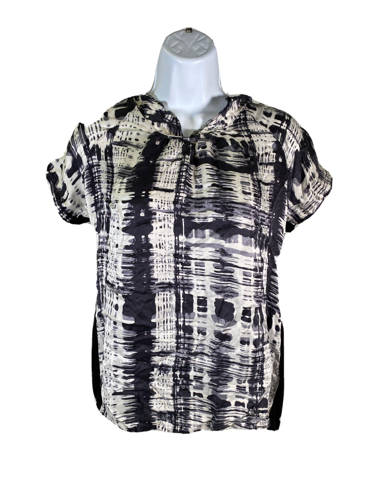 by Chico's Women's Black/White Short Sleeve V-Neck Silk Top Sz 0/S