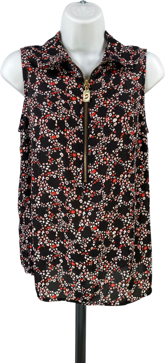 Michael Kors Women’s Black Floral Sleeveless 1/4 Zip Pullover Blouse - XS