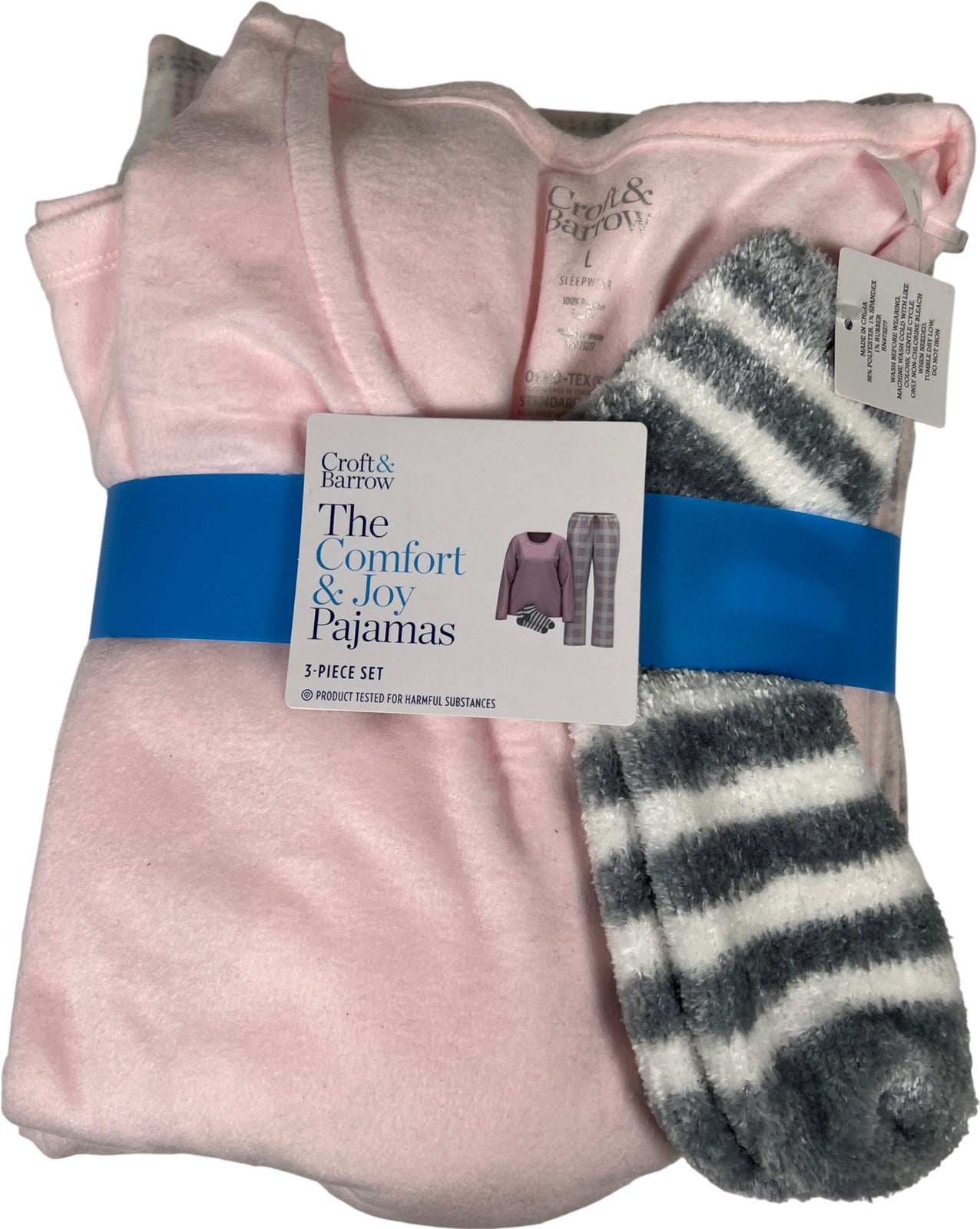 Croft and Barrow Women’s Pink Plush Long Sleeve and Pant. 3 Piece Pajama Set - L