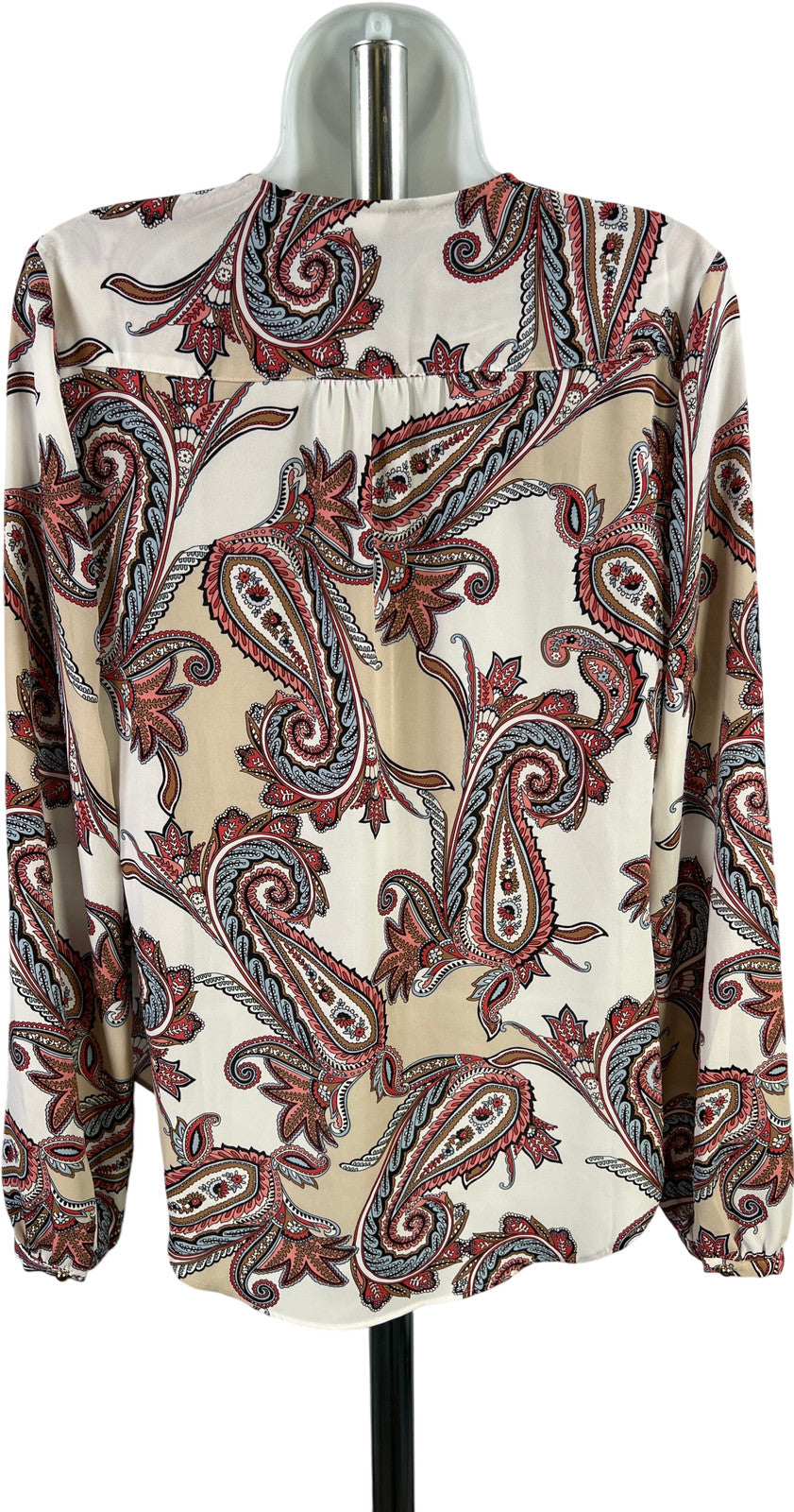 White House Black Market Women’s White/Red Ruffle Front Long Sleeve Blouse - 4