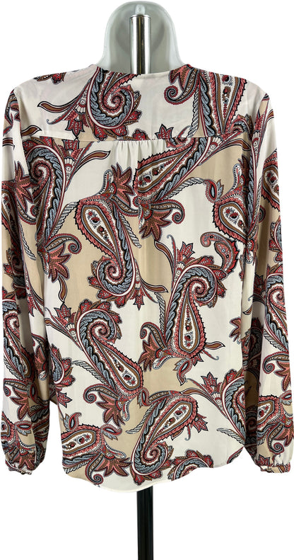 White House Black Market Women’s White/Red Ruffle Front Long Sleeve Blouse - 4