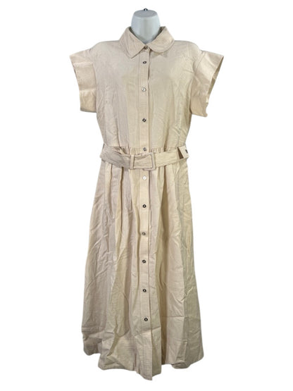 DKNY Women's Beige Short Sleeve Button Up Midi Dress - 10
