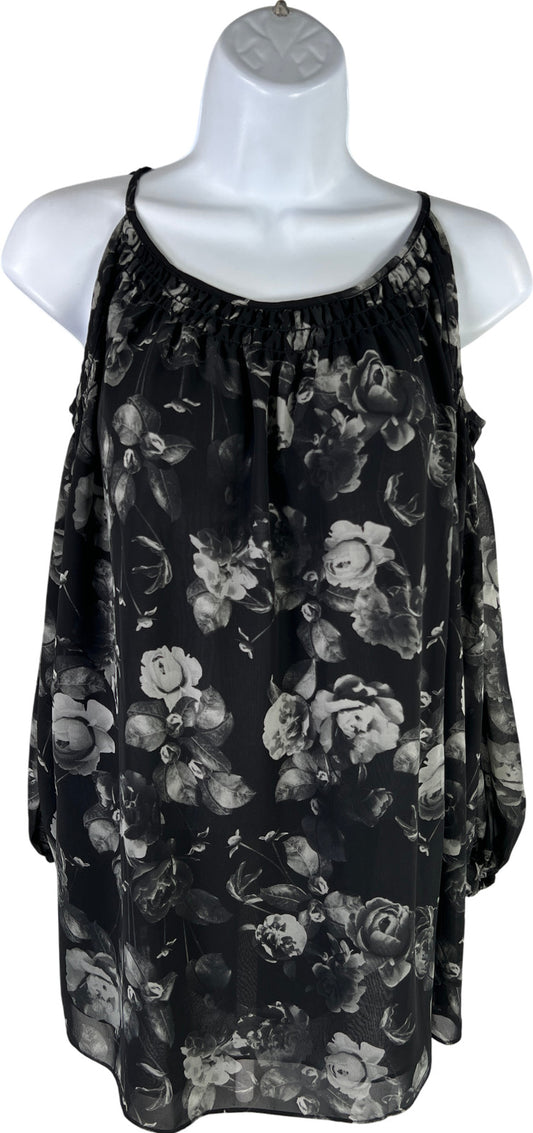 Max Studio Women’s Black Floral 3/4 Cold Shoulder Lined Blouse - S
