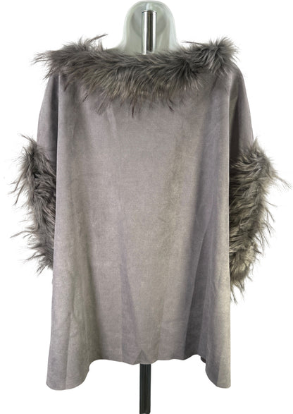 Love Token Women’s Gray Faux Fur Trim Poncho Sweater - M/L