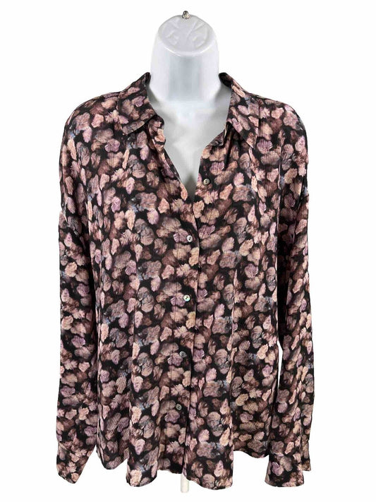 Vince Women's Black/Pink Floral Long Sleeve Silk Button Up Blouse - L