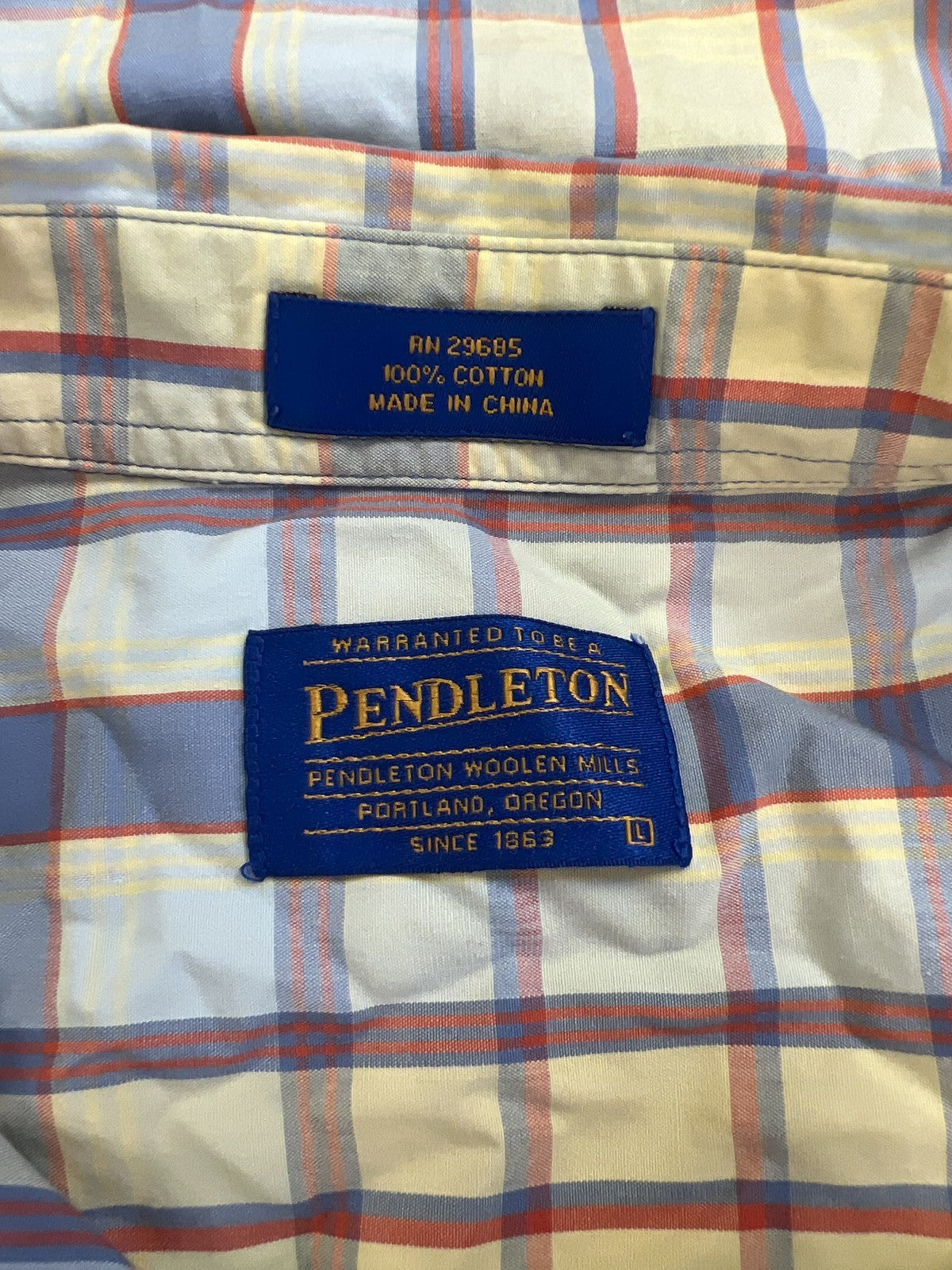Pendleton Men’s Yellow/Blue Plaid Long Sleeve Button Up Shirt - L