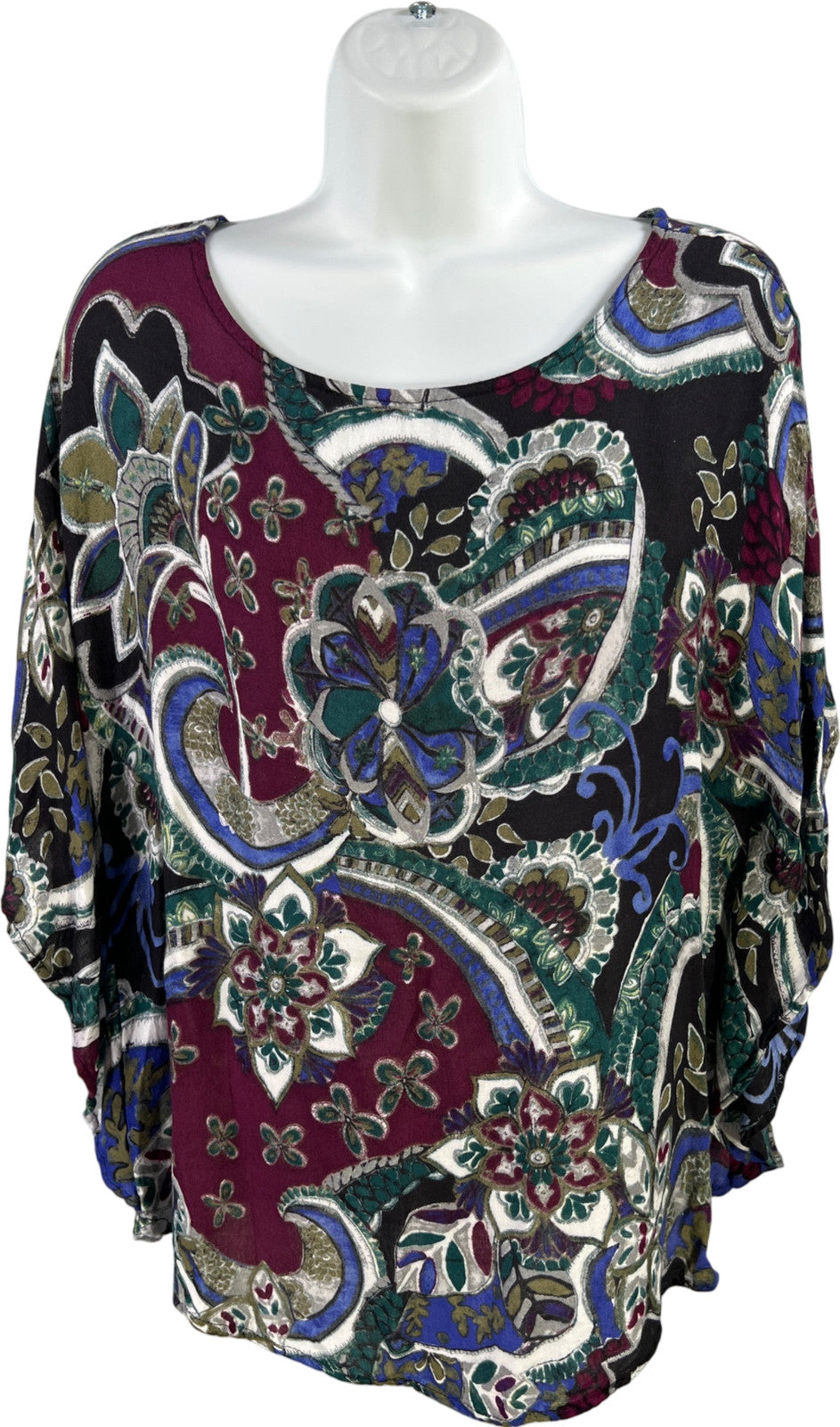 Chico’s Women’s Green/Burgundy Paisley Short Sleeve Poncho Style Blouse - S/M