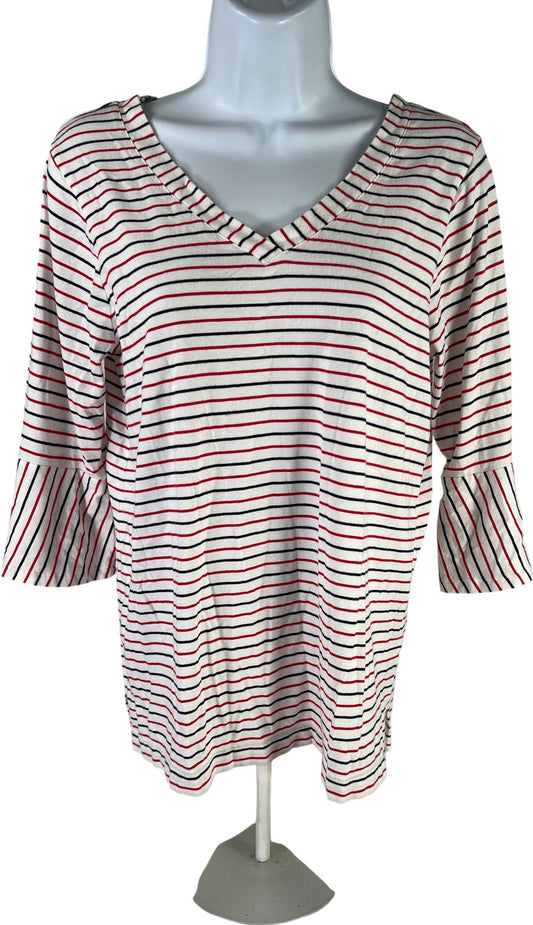 J.Jill Women’s White/Red Striped 3/4 Bell Sleeve V-Neck T-Shirt - S