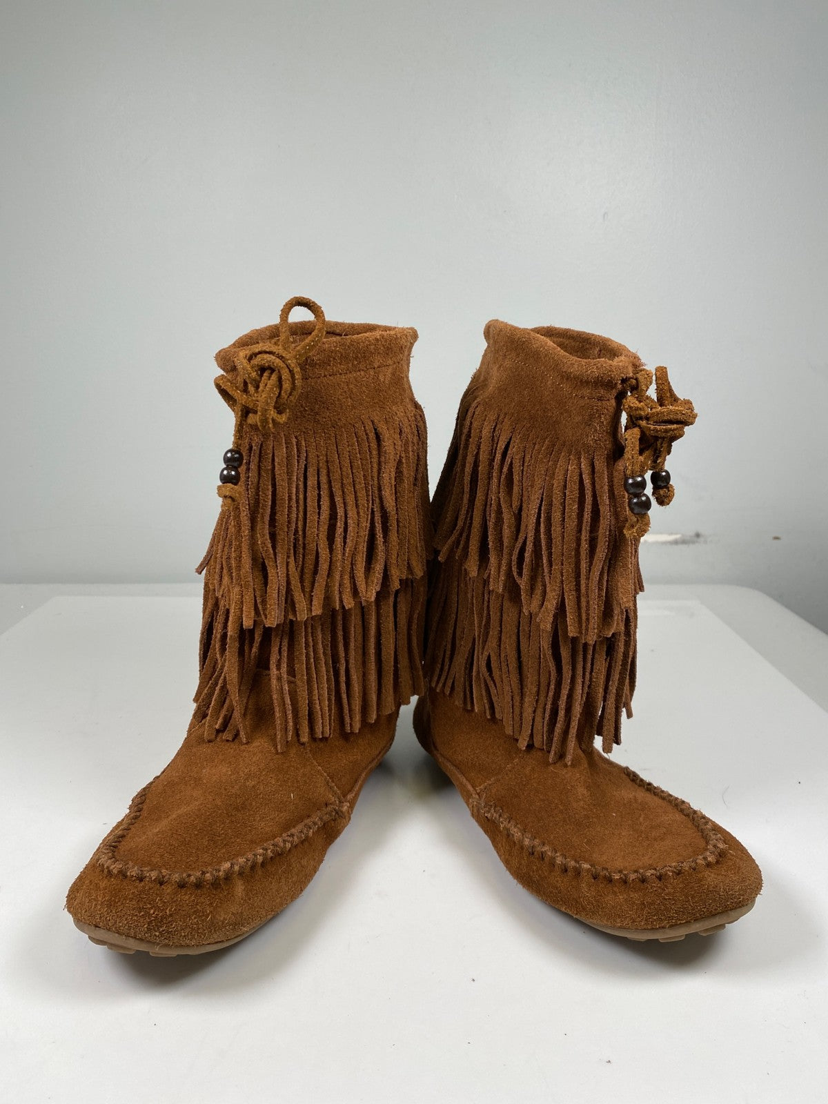 Minnetonka Women’s Brown Suede Double Fringe Pull On Mid Calf Boots - 7.5