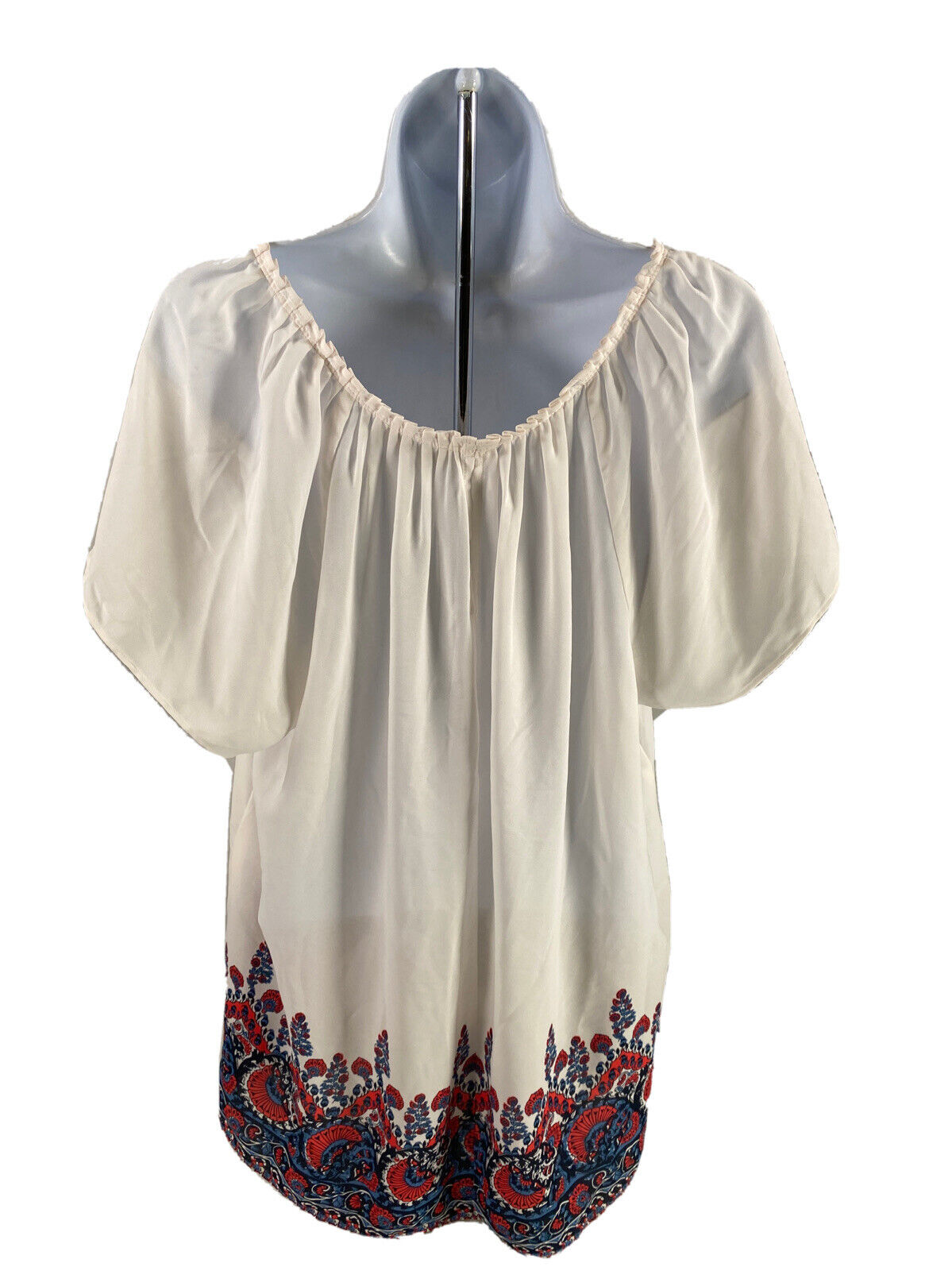 LOFT Women's White Floral Pleated Sheer Short Sleeve Blouse - XL