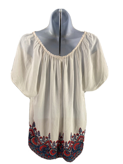 LOFT Women's White Floral Pleated Sheer Short Sleeve Blouse - XL