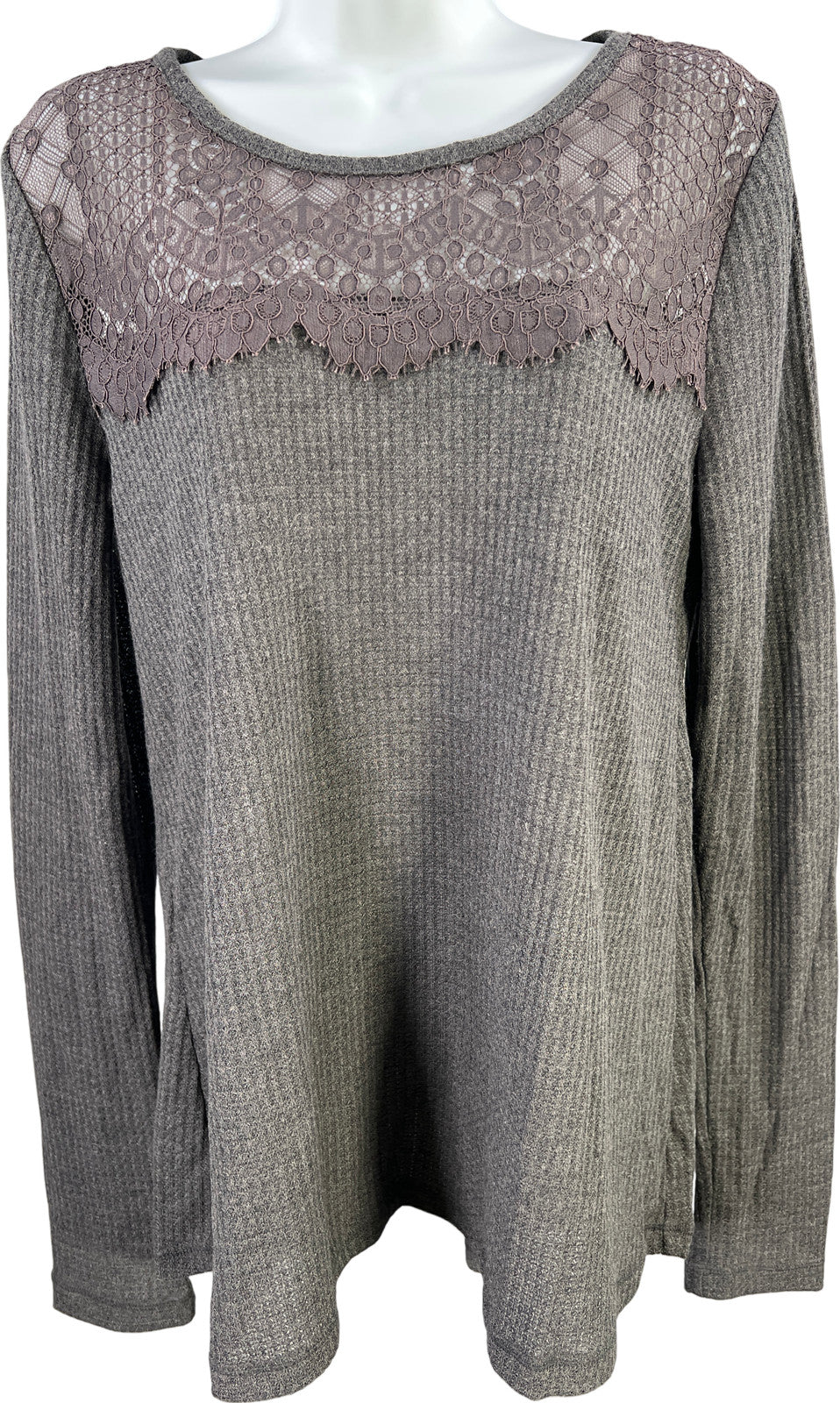 Lucky Brand Women’s Gray Waffle Knit Lace Trim Long Sleeve Shirt - M