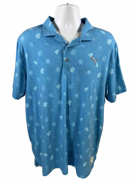Puma Men's Blue Palm Leaf Print Golf Polo Shirt - XL