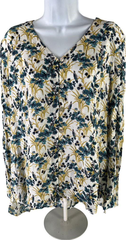J. Jill Women’s White & Green Floral Button Up Long Sleeve Top - M