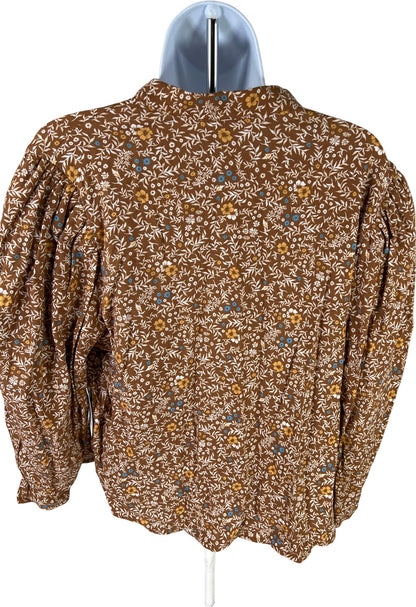 NEW ANA Women’s Brown Floral V-Neck Wrist Length Sleeve Blouse - L