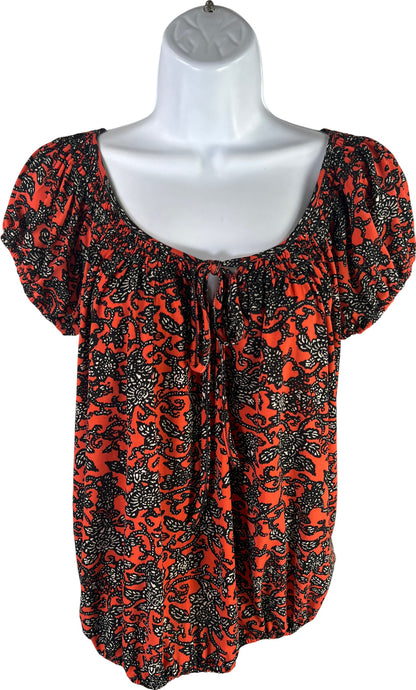 Max Studio Women’s Red Floral Short Sleeve Waisted Bottom Blouse - XS
