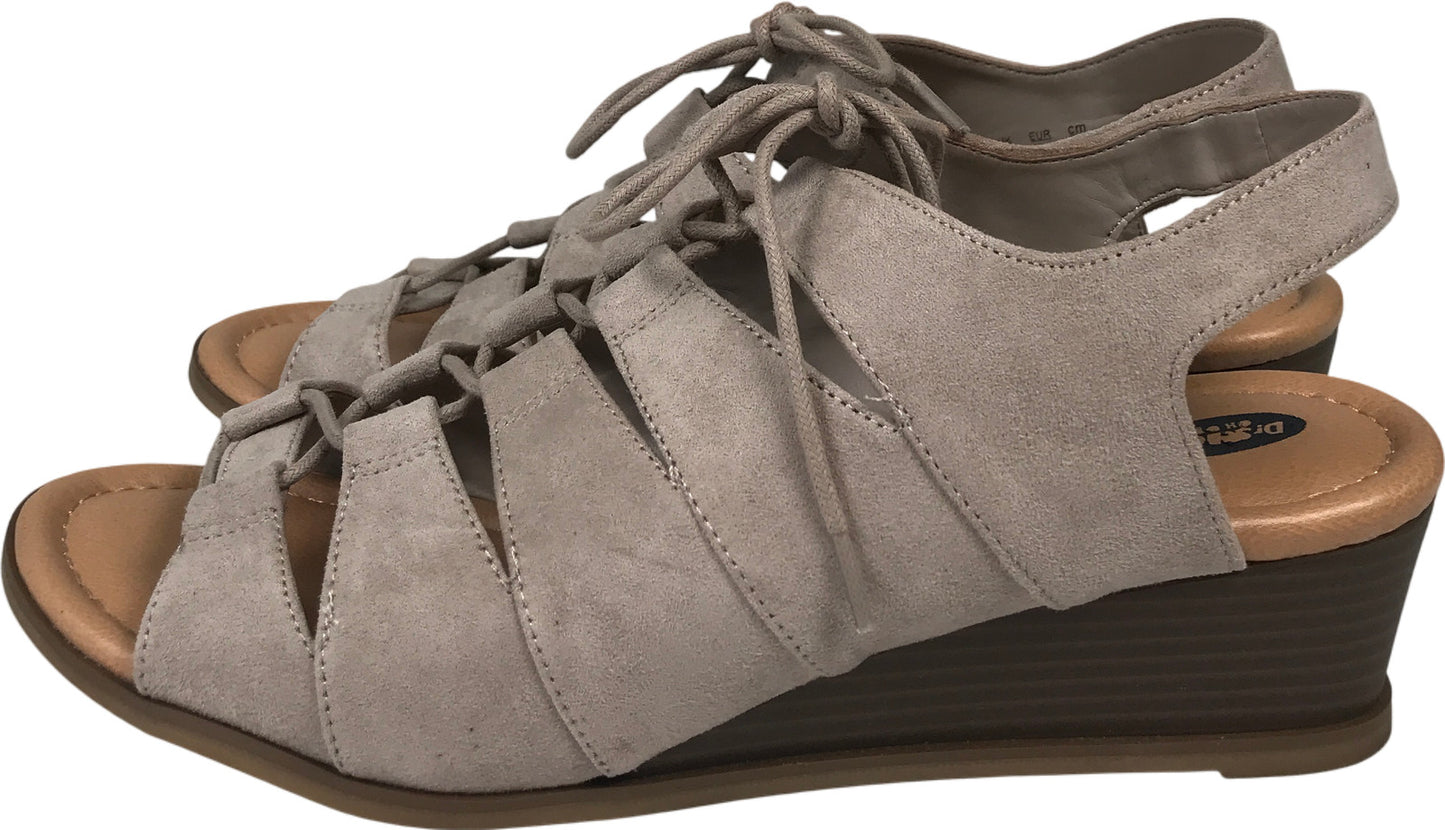 Dr. Schools Women’s Taupe Suede Court Peep Toe Wedge Sandals - 9.5