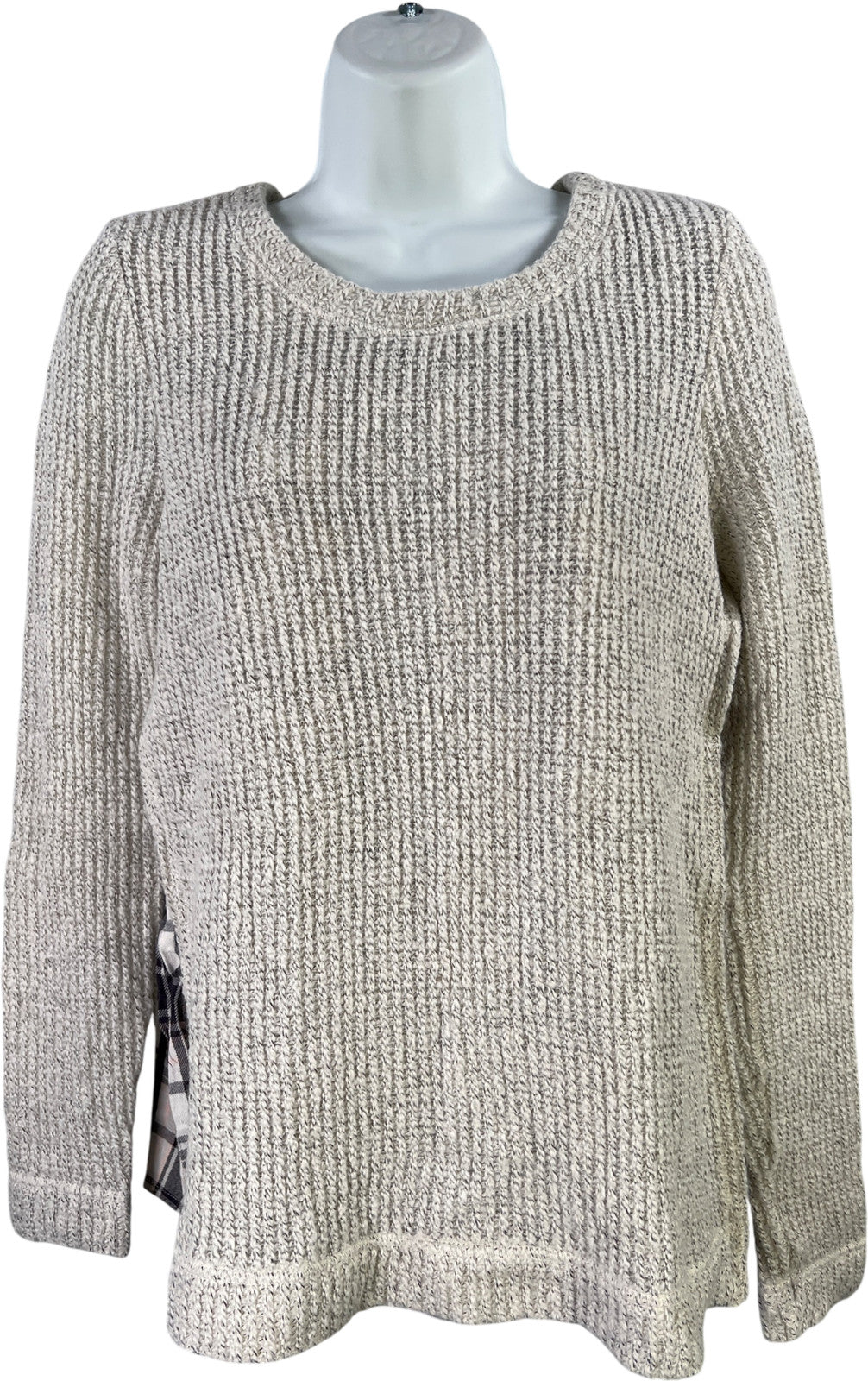 Sanctuary Women’s Ivory/Gray Lined Plaid Accent Long Sleeve Knit Sweater - S