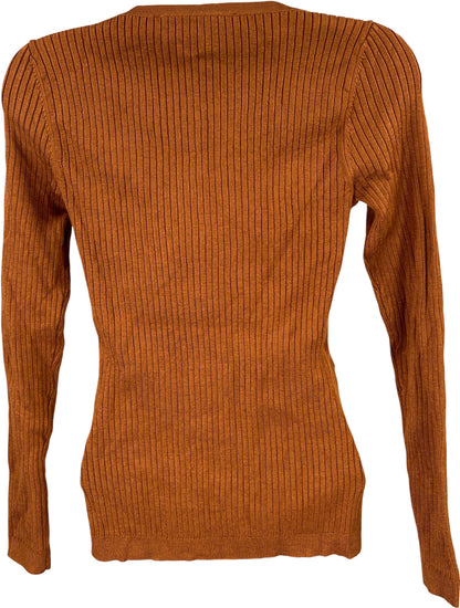 White House Black Market Women’s Brown Long Sleeve Ribbed V-Neck Sweater - XS