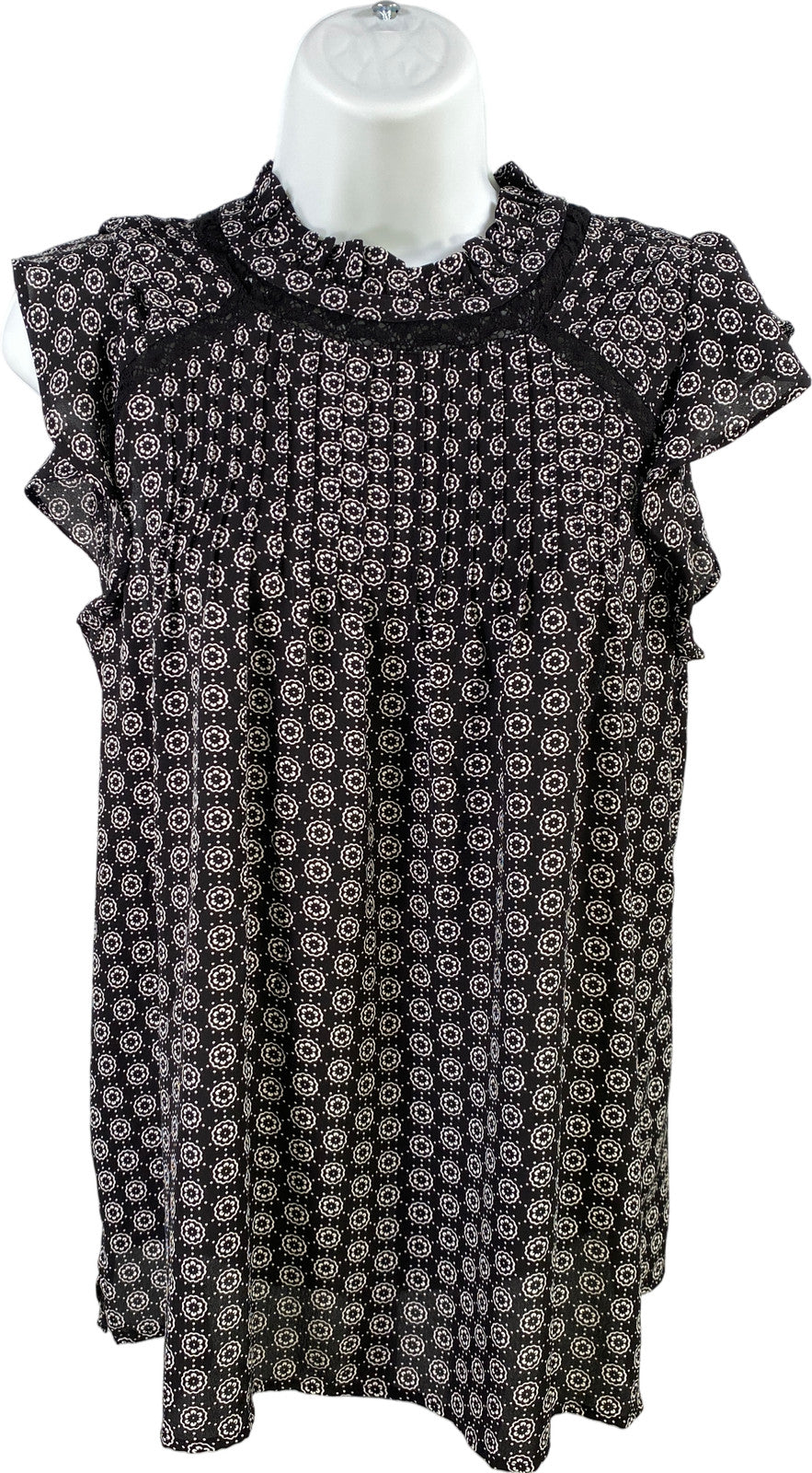 LOFT Women’s Black Pleated Front Ruffle Cap Sleeve Blouse - S