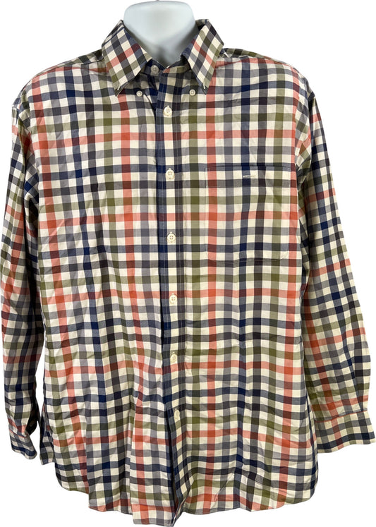 Orvis Men’s Blue/Orange Plaid Long Sleeve Button Up Shirt - L