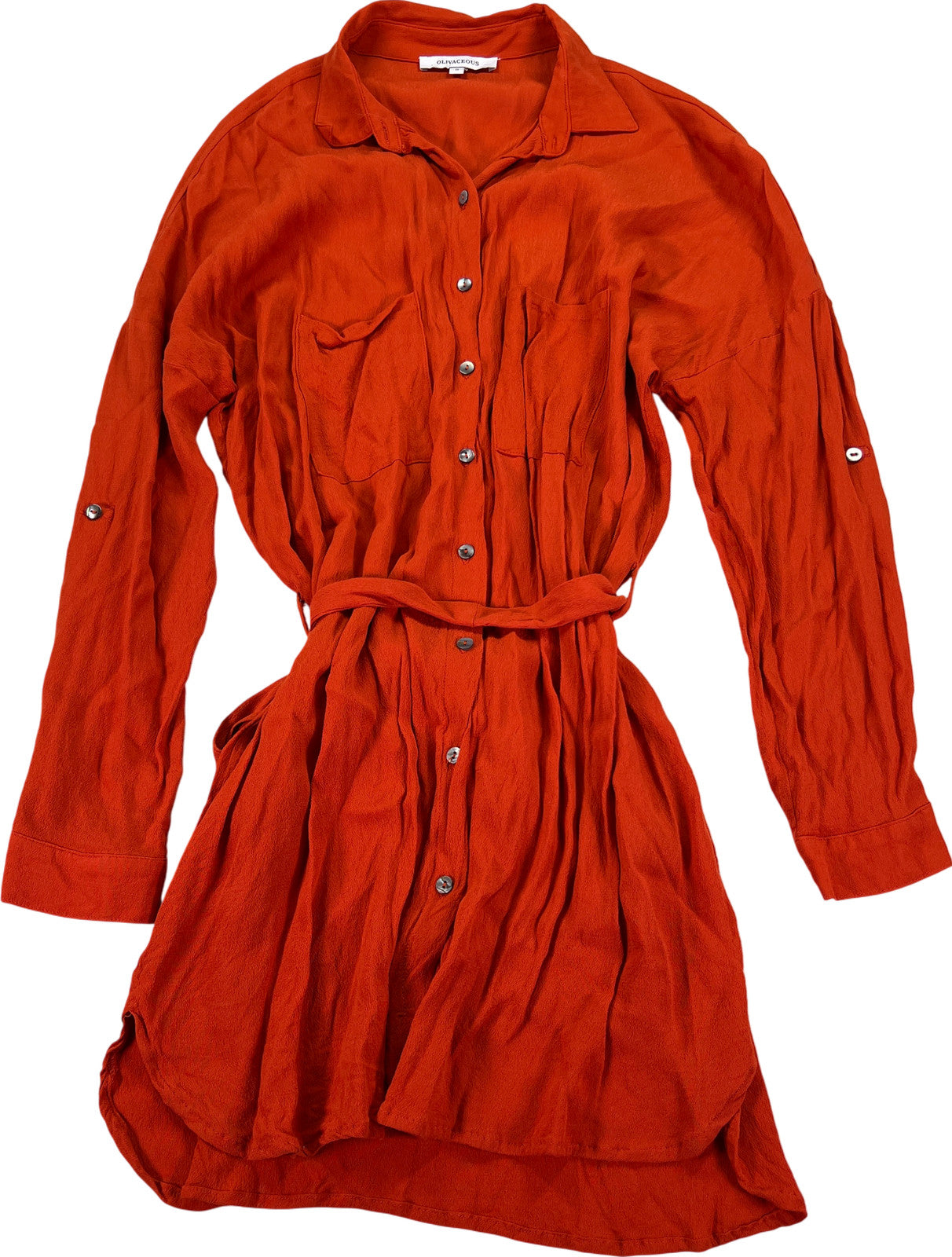 Olivaceous Women's Orange Long Sleeve Button Up Tie Waist Dress - S