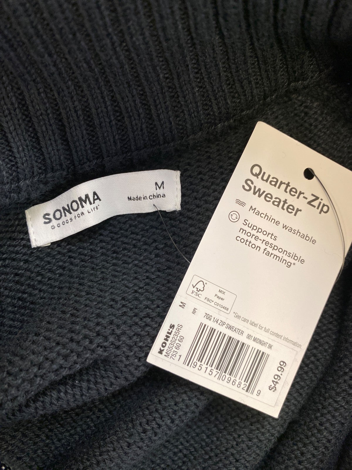 Sonoma Men’s Black 1/4 Zip Long Sleeve Pullover Sweater - M