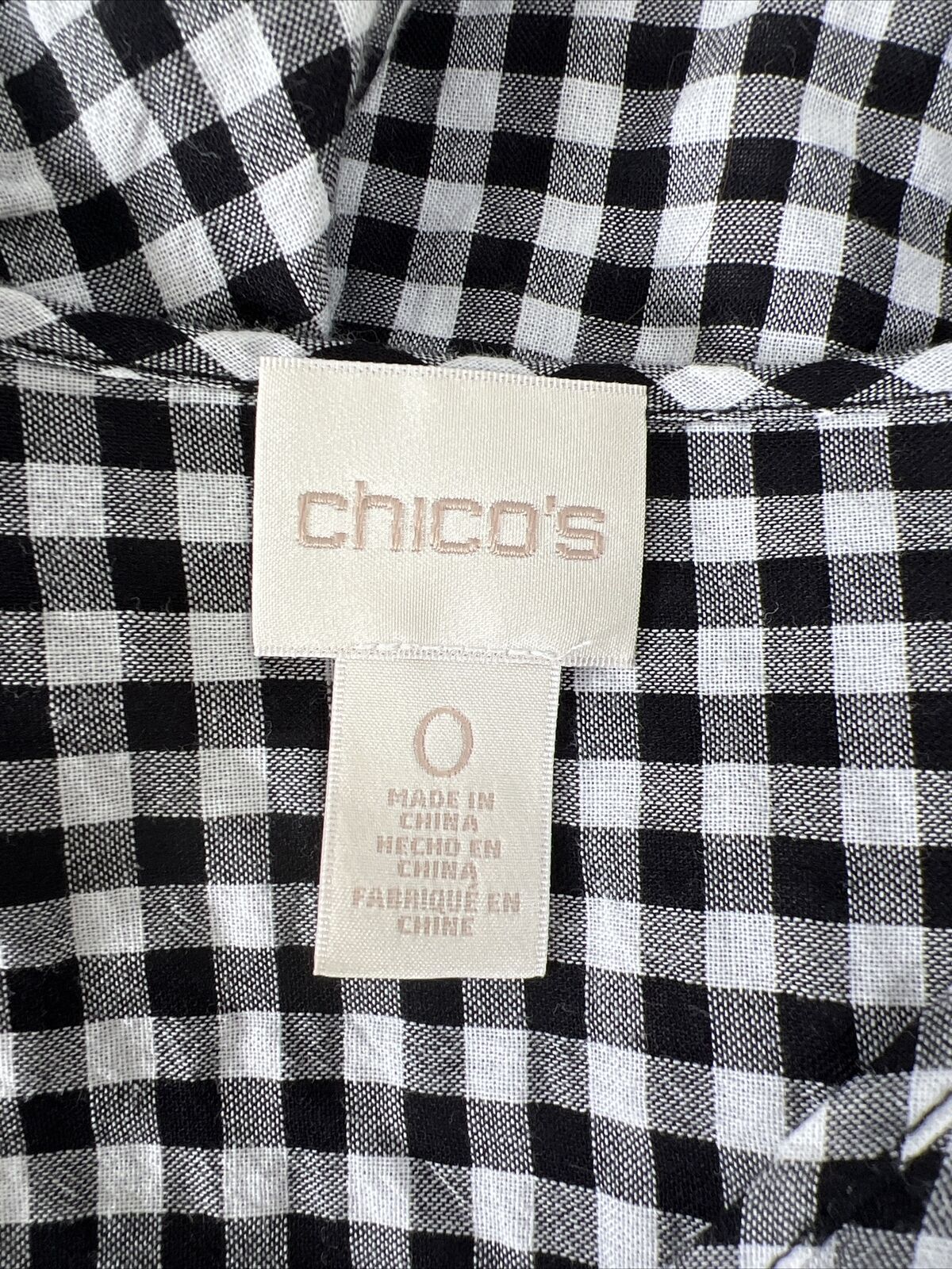 Chico's Women's White/Black Checkered 3/4 Sleeve V-Neck Top - 0/US S