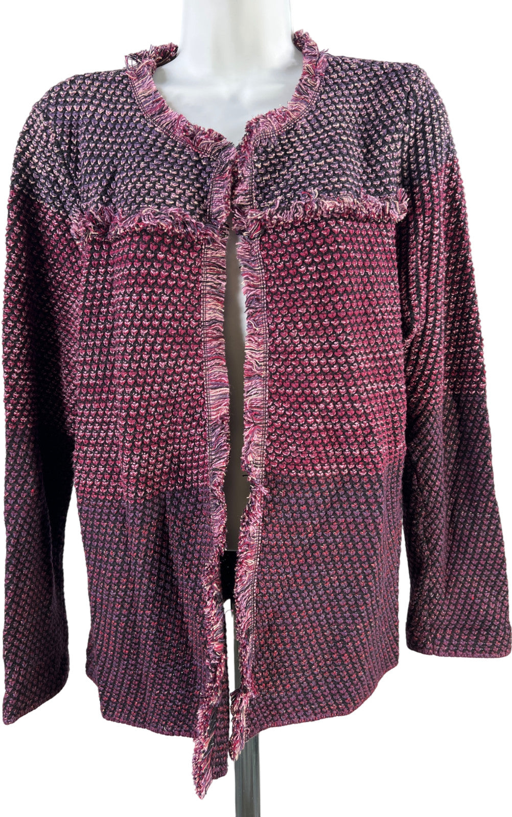 Chico’s Women’s Purple Fringe Trim Long Sleeve Open Cardigan Sweater - 2/L