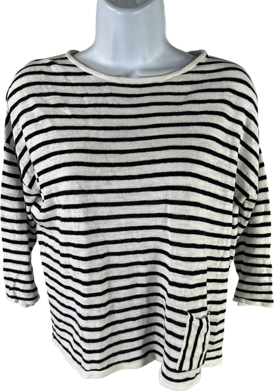 J.Jill Women’s White/Black Striped Linen Blend 1/2 Sleeve Pullover Shirt - XS