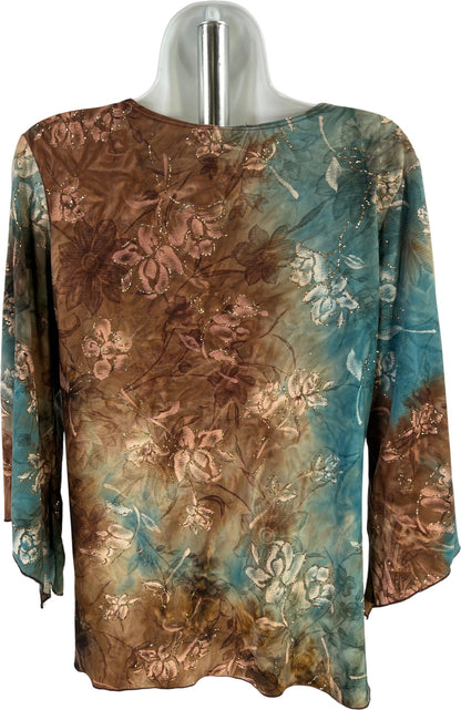 Dressbarn Women’s Brown/Blue Glitter 3/4 Sleeve V-Neck Blouse - L