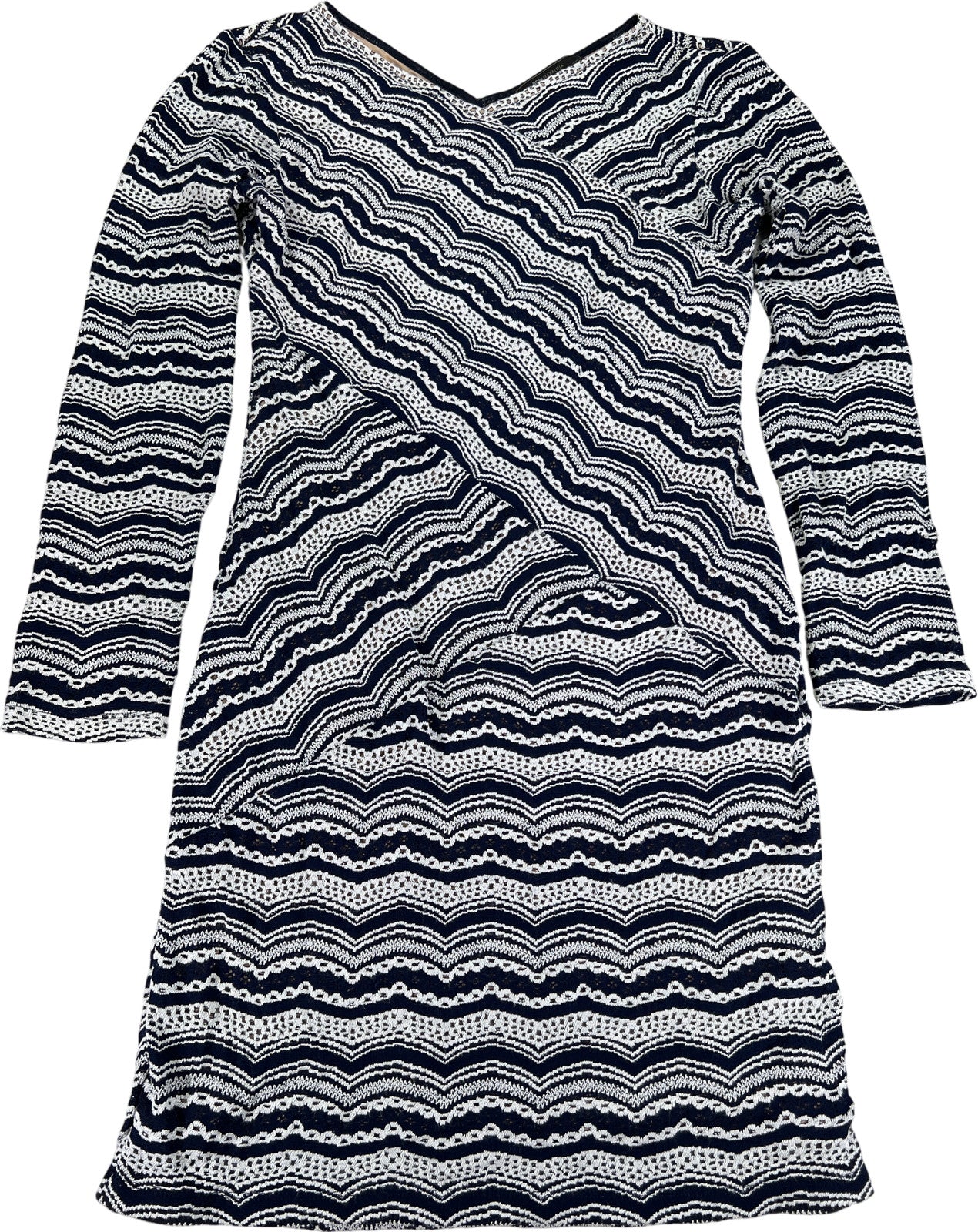 BCBGMaxazria Women’s Blue/White Lace Lined Long Sleeve Sheath Dress - L