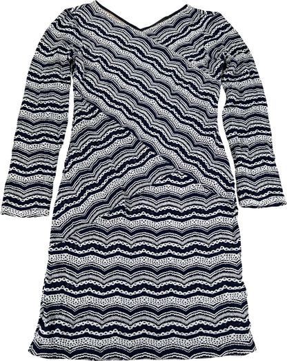 BCBGMaxazria Women’s Blue/White Lace Lined Long Sleeve Sheath Dress - L