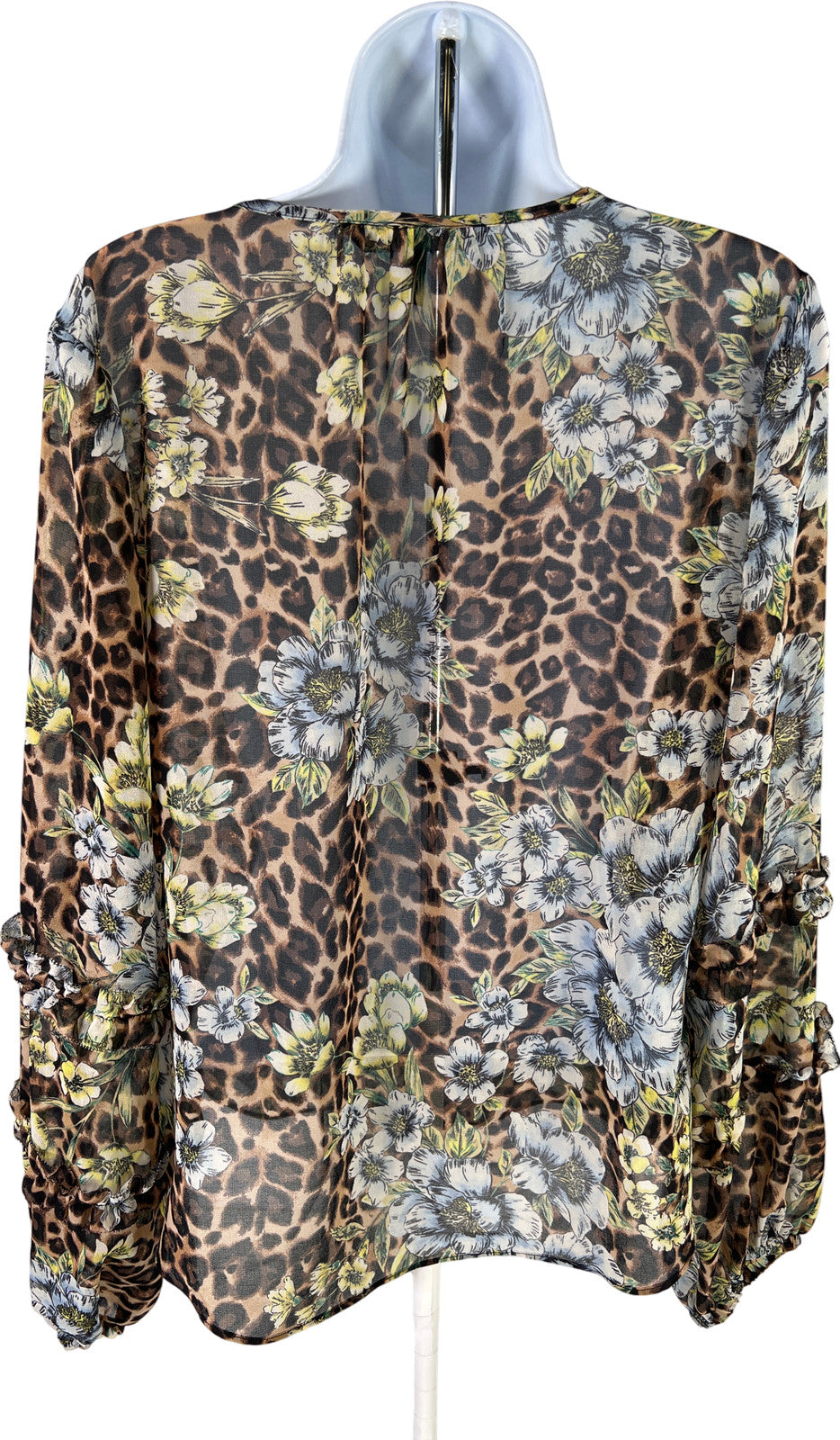 White House Black Market Women’s Brown Animal/Floral Button Up Sheer Blouse - S