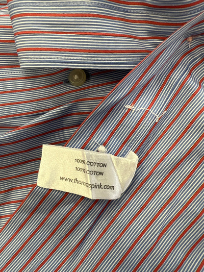 Thomas Pink Men’s Blue/Red Striped Slim Fit Button Up Dress Shirt - 17.5