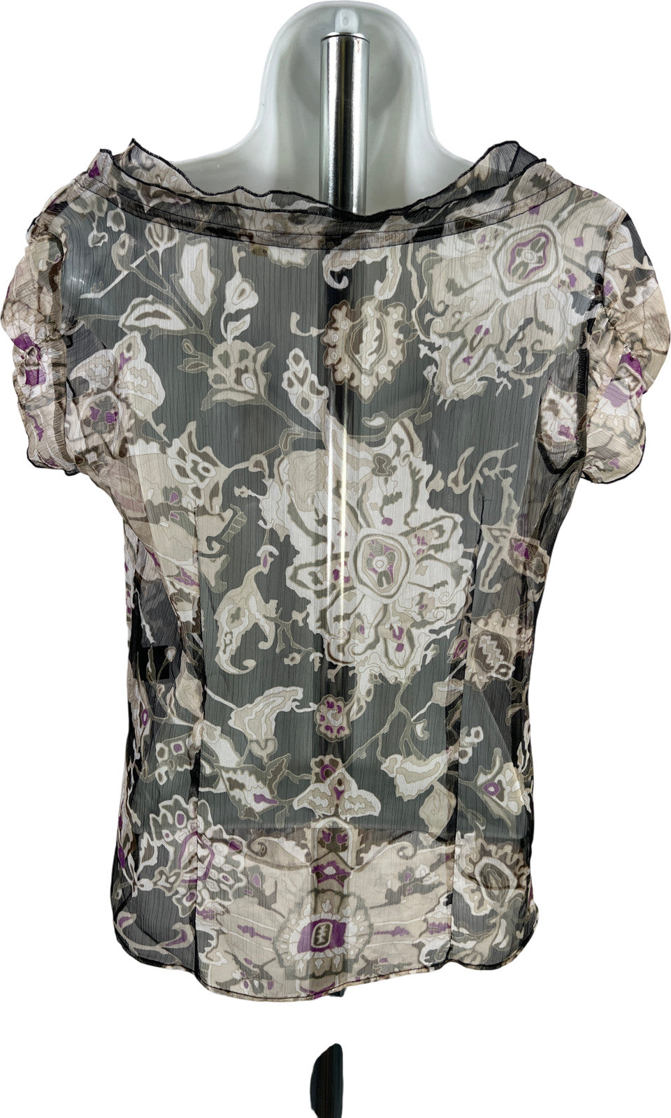 Tahari Women’s Black Multicolor Floral Sheer Short Sleeve Button Up Blouse - XS