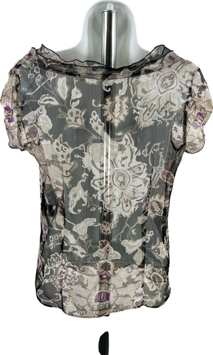 Tahari Women’s Black Multicolor Floral Sheer Short Sleeve Button Up Blouse - XS