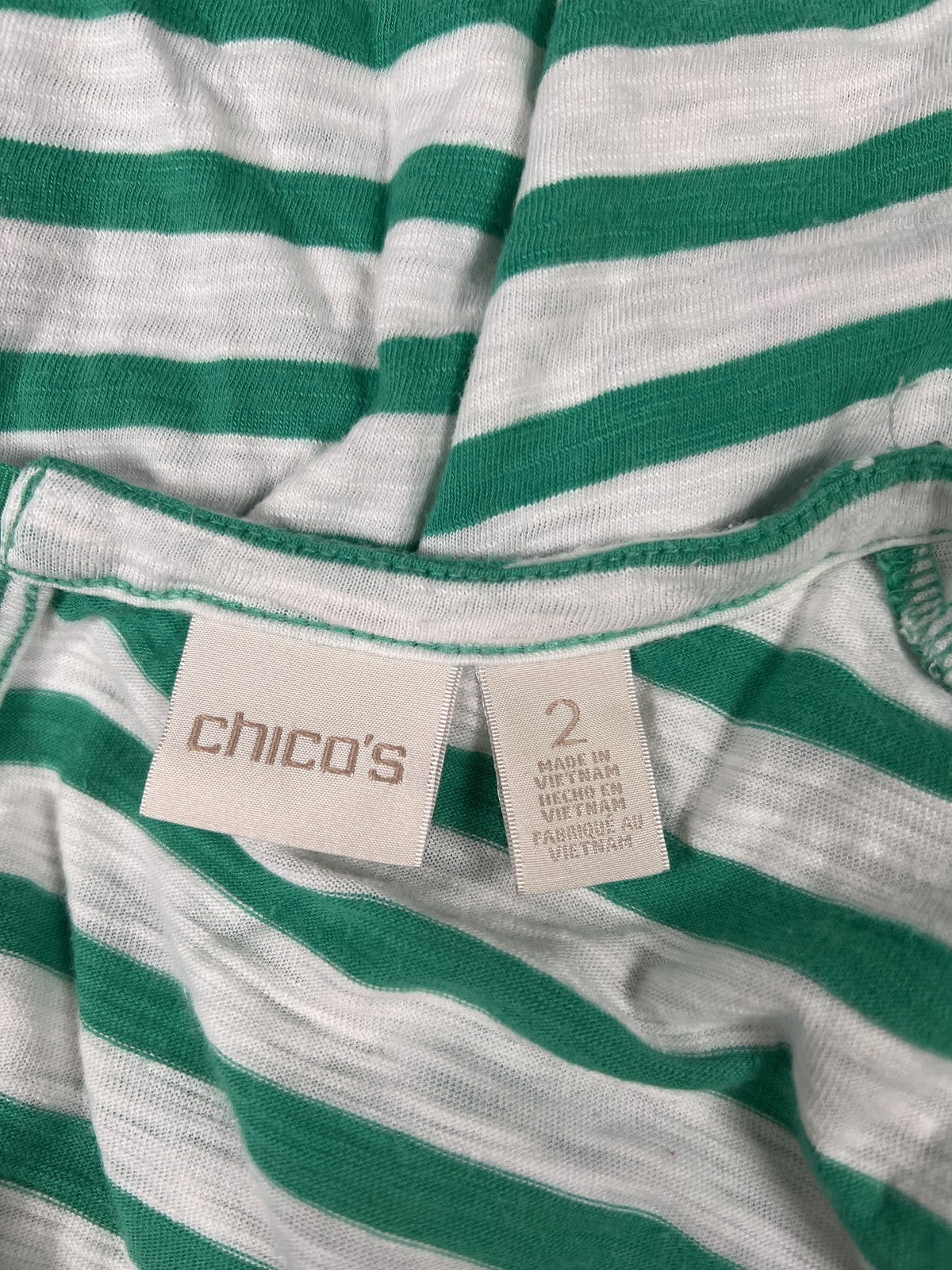 Chico’s Women’s Green/White Striped Beaded Neck 3/4 Sleeve Shirt - 2/US L