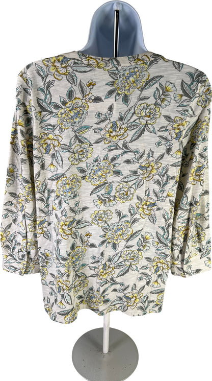 Pure J.Jill Women’s White/Yellow Floral V-Neck 3/4 Sleeve T-Shirt - XS